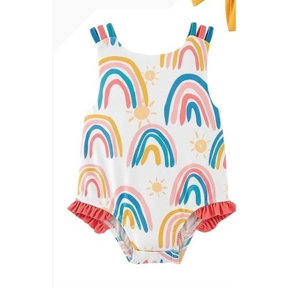 Mud Pie Girls 5T Rainbow Sun One Piece Swimsuit Ruffle Bow Back White Pink Teal